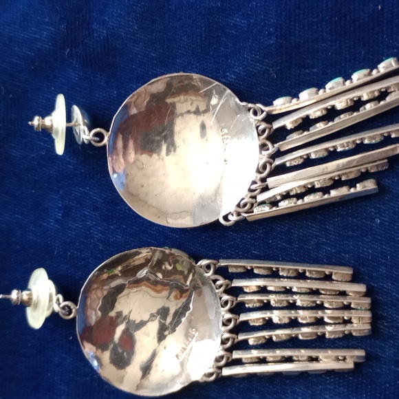 Native American Mother Of Pearl & Turquoise Sterling Silver Dangle Stud Earrings - Picture 12 of 16